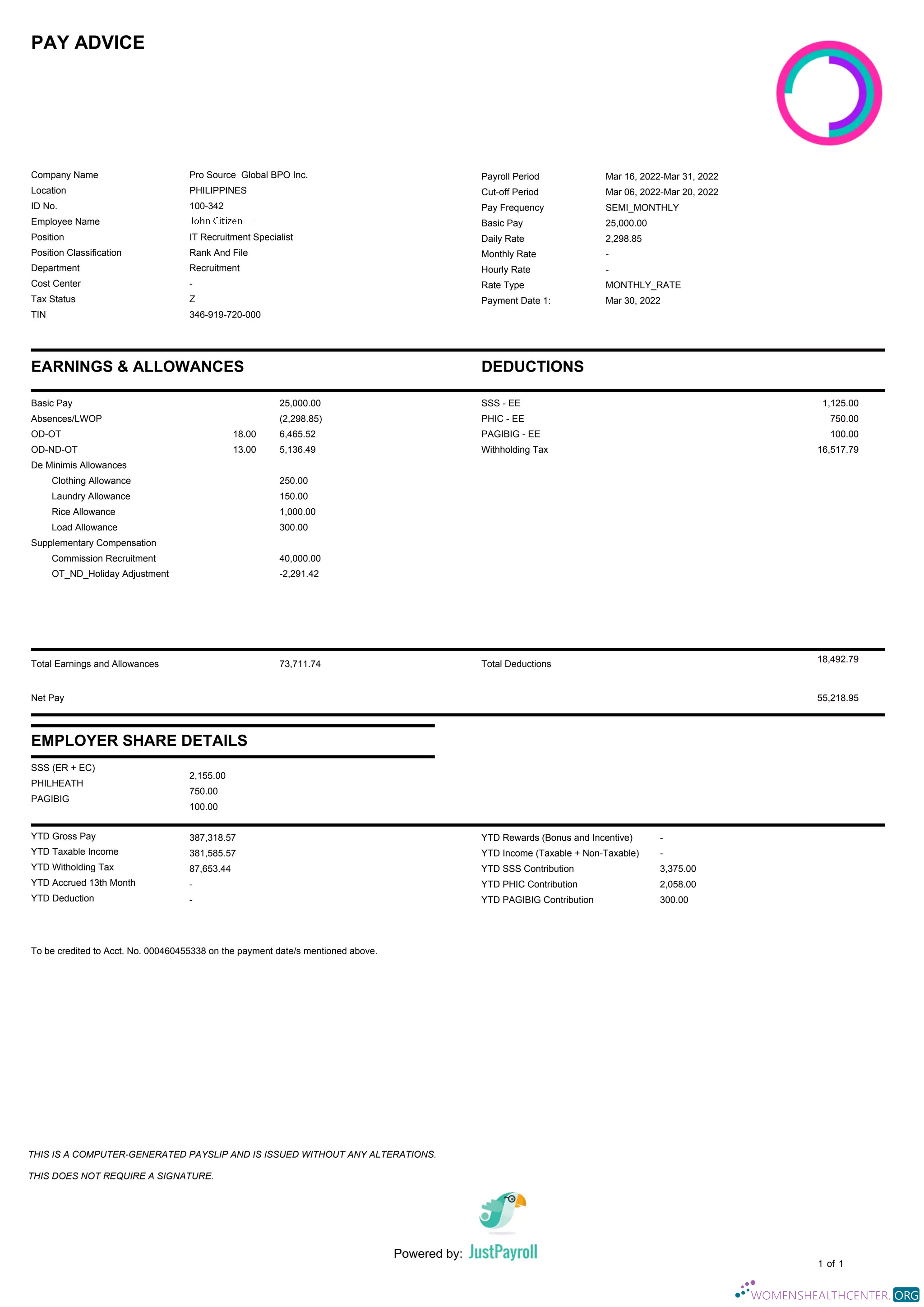 Download PHILIPPINES PRO Source Global BPO Inc. paystub in Word and PDF format Photoshop template